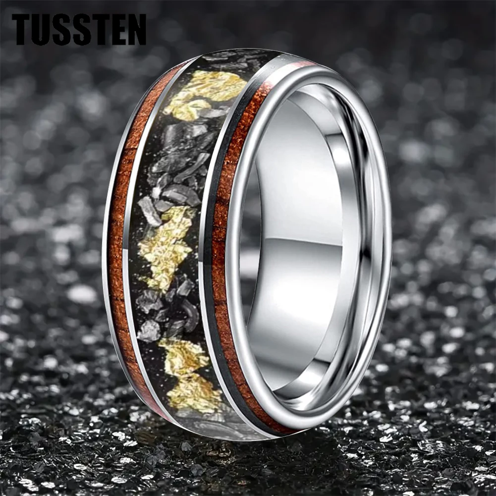 

TUSSTEN 10MM Dome Tungsten Ring for Men Women Gold Foil Meteorite Opal Koa Wood Carbon Fiber Inlay Fashion Wedding Band