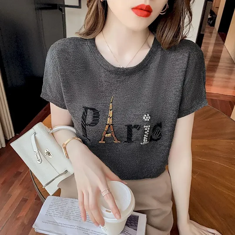 2025 Summer New Ice Silk T-shirt Women's Short Sleeve T-shirt Heavy Industry Beaded Korean T Shirt Loose Womens Half-sleeved Top