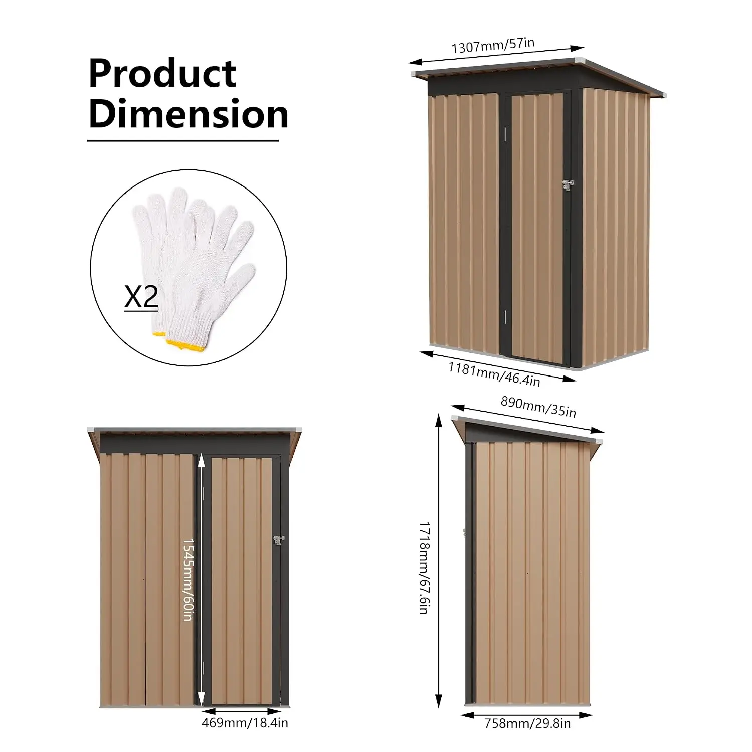5x3 FT Metal Shed, Pent Roof Storage with Hinge Door, for Garden Tools & Furniture, Steel Home & Yard Organization, Customized