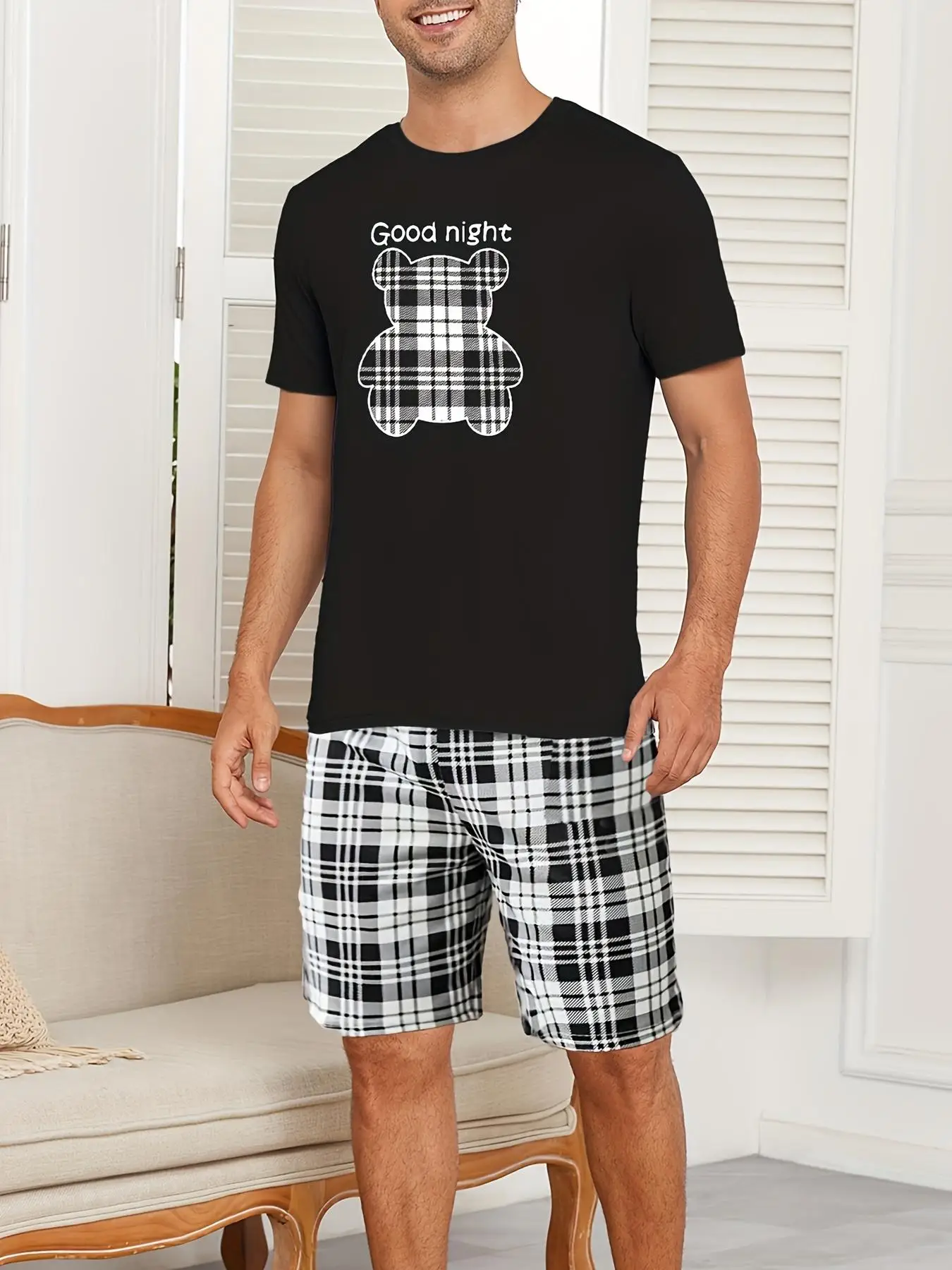 

Men's Cartoon Bear Printed Cotton Pajama Set - Short Sleeve Tee & Matching Shorts | Summer Loungewear 2-Piece