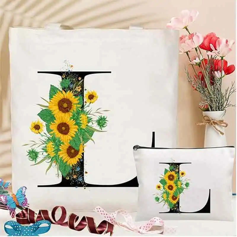 CHN4 borsa Tote in tela iniziale borsa personalizzata con lettera di girasole regalo con monogramma per il compleanno