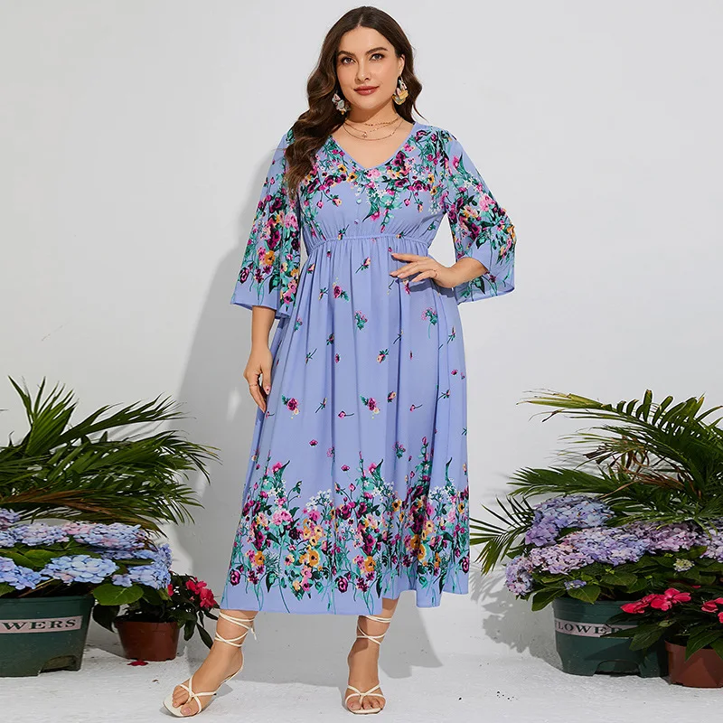 

Middle East spring large size dress floral chiffon elastic waist flared sleeve vacation dress fashionable simple elegant tempera