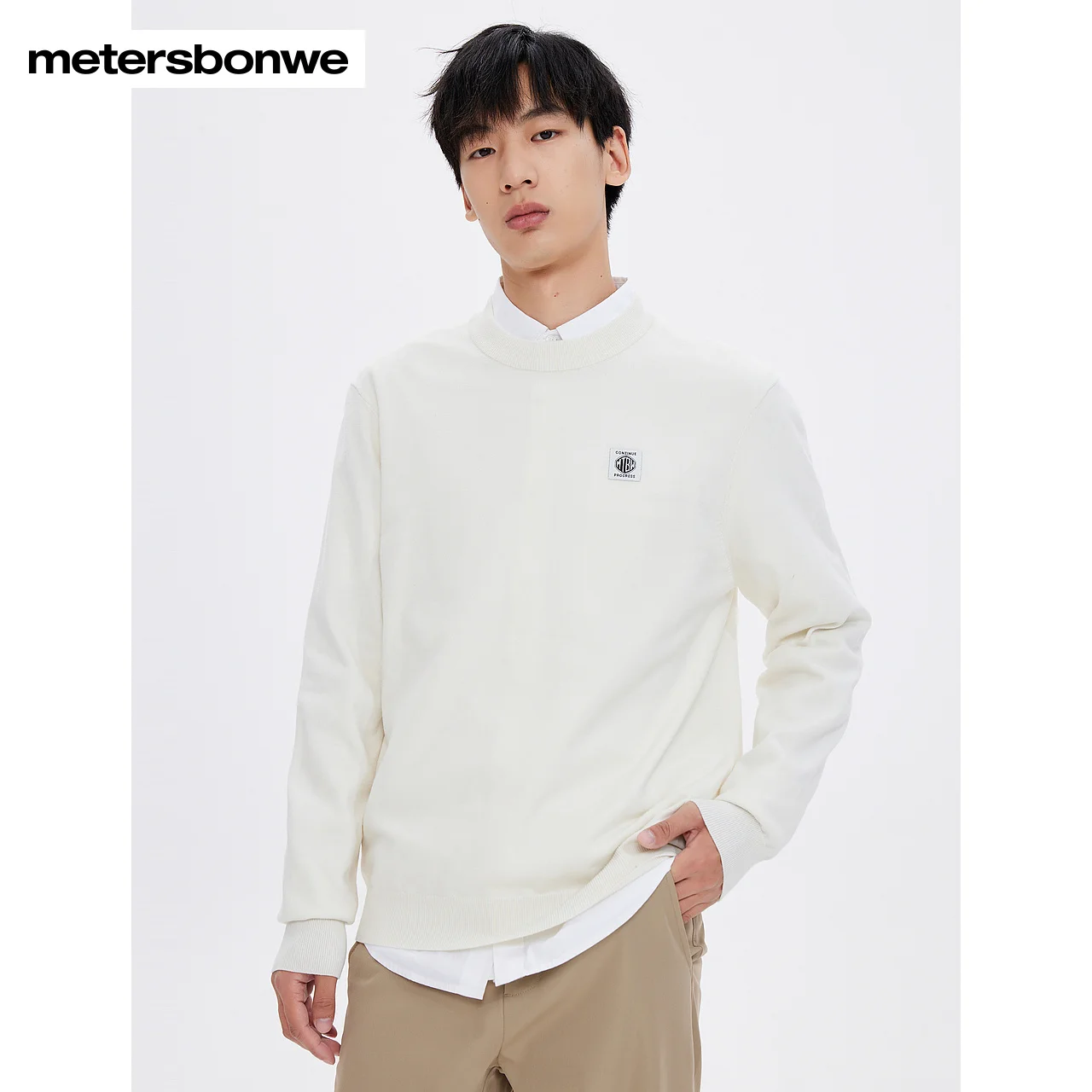 

Metersbonwe-Men's Long Sleeves Sweater Round Collar Regular American Fashion Vintage Teenager Casual Simple Style Autumn