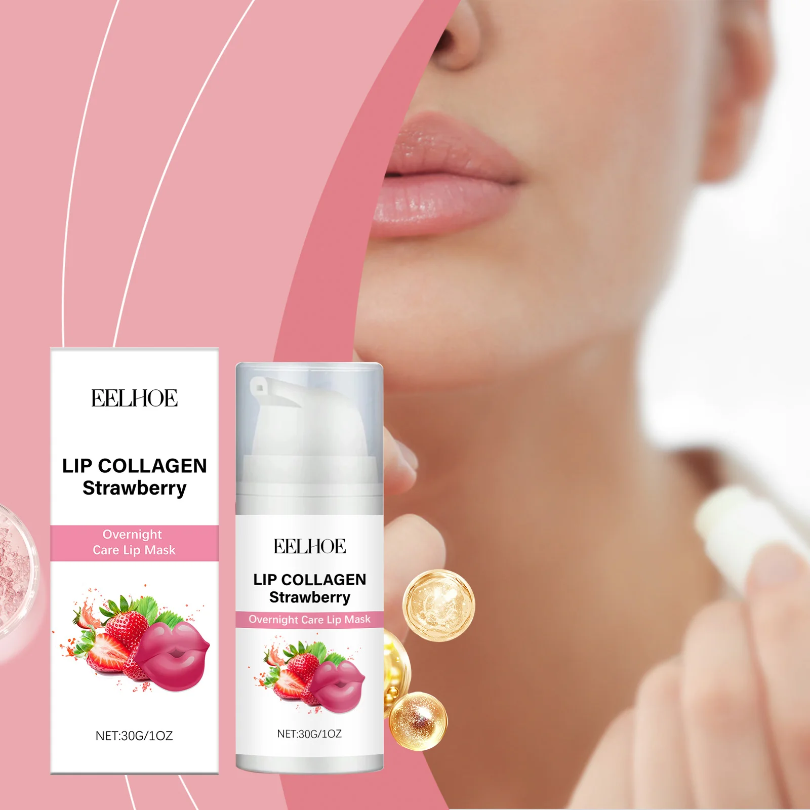 Maschera notturna al collagene labbra alla fragola - Trattamento labbra rimpolpante e idratante - Maschera per dormire labbra vegana