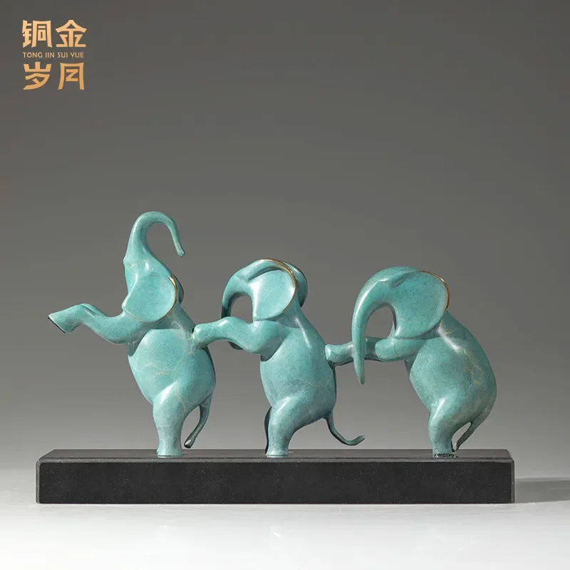 Cute Brass Elephant Ornament Square Copper Art Craft Three Happy Moe Elephants Home Entrance Decor Jewelry Display Gift