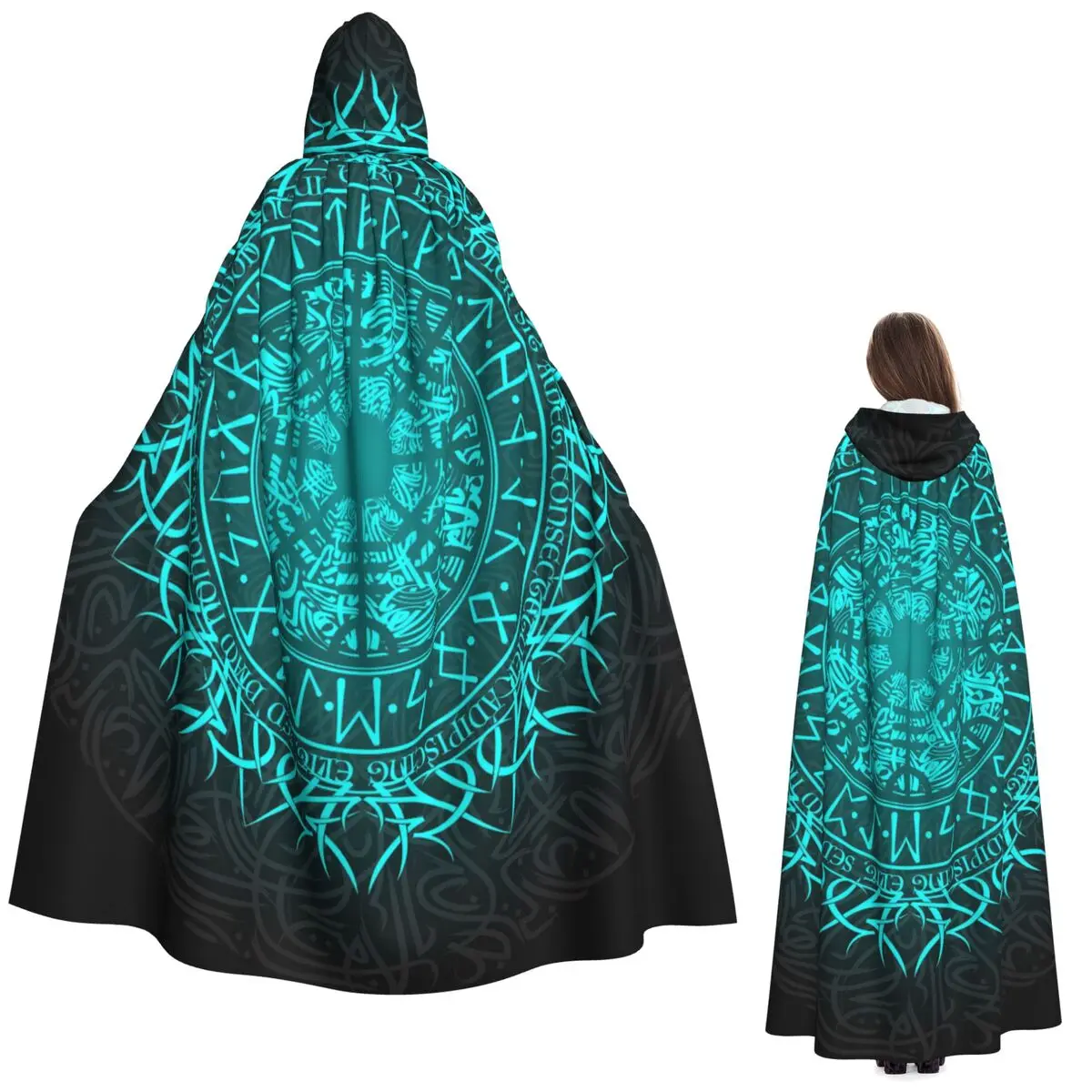 

Mystical Black And Teal Rune All-Over Print Long Hooded Cloak Witch Medieval Costume Cosplay Cape HalloweenVampire Adult Unisex