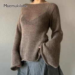 Maemukilabe Women Korean Tie Up Backless Knitted Sweaters Autumn Long Sleeve Pullover Tops Y2K Vintage Jumpers Korean T-shirt