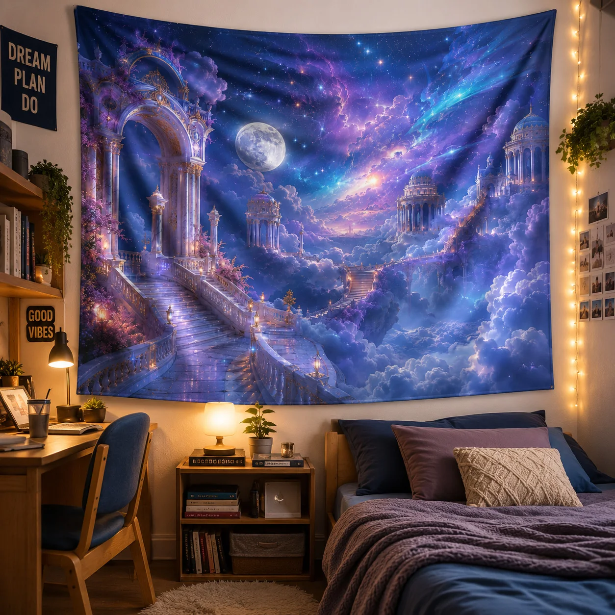 Fantasy Galaxy Wall Tapestry Moon Palace Starry Sky Hanging Decor for Dorm Bedroom Gaming Room