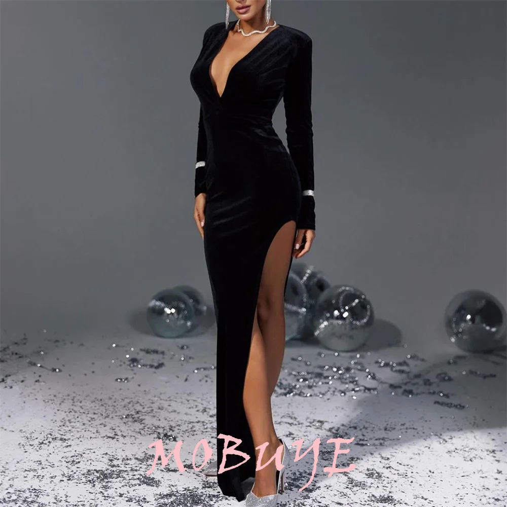 MOBUYE 2024 Popular V Neckline Prom Dress Split Floor-Length With Long Sleeves Evening Fashion Elegant Party Dress For Women