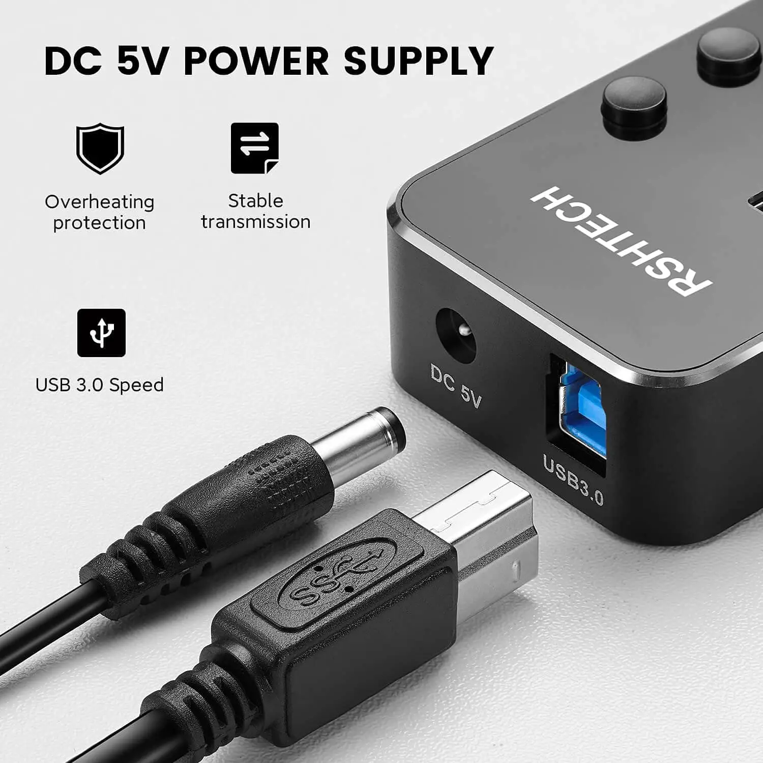 RSHTECH USB3.0 Hub Aluminum Industrial 7-Port Splitter Split Switch with 5V 2A Power Adapter for Macbook Mobile Phone Tablets