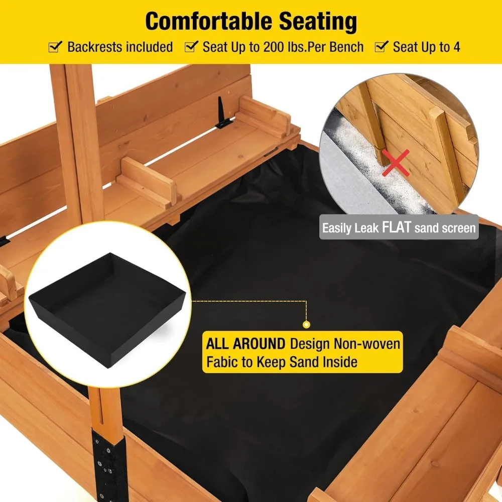 Kids Sand Boxes with Canopy Sandboxes with Covers Foldable Bench Seats, Children Outdoor Wooden Playset