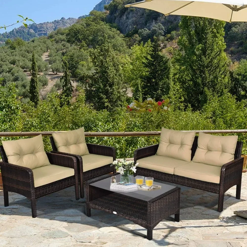 

4-Piece Patio Furniture Outdoor Rattan Wicker Sofa Set with Cushions & Coffee Table with Tempered Glass Table Top &Storage Shelf