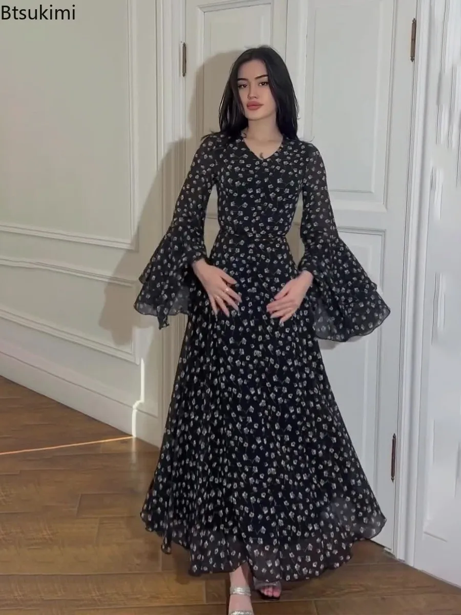 

2025 New Women's Print Chiffon Maxi Dresses Spring Irregular Hem Elegant Slim Party Vestidos Lotus Leaf Sleeves Temperament Robe