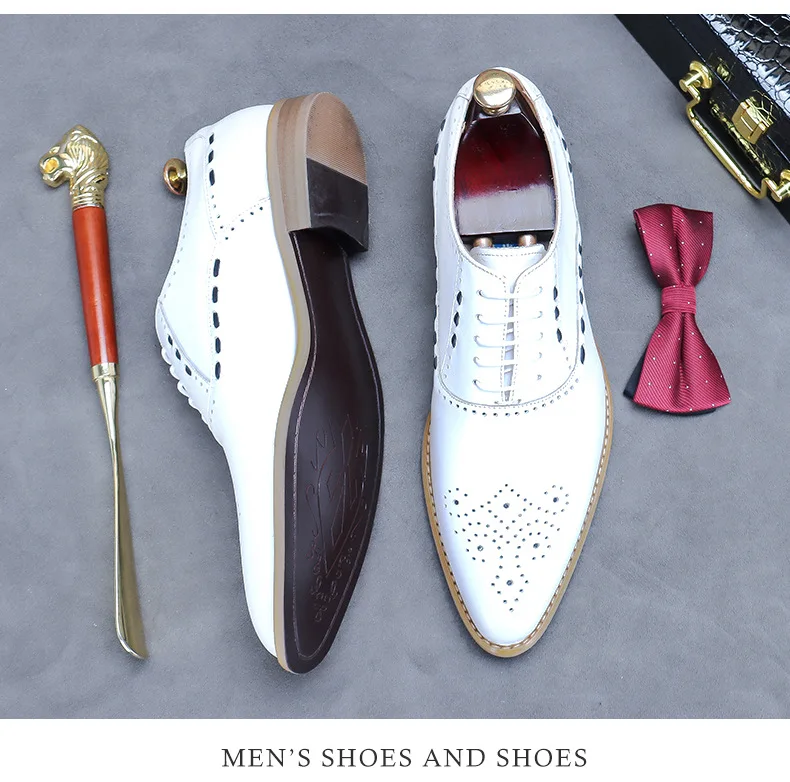 Genuine Leather Brogue Oxfords Pointed Perforated Wingtip Carving Lace Up Slim Fit Wood Outsole Elegant Wedding Formal Footwear
