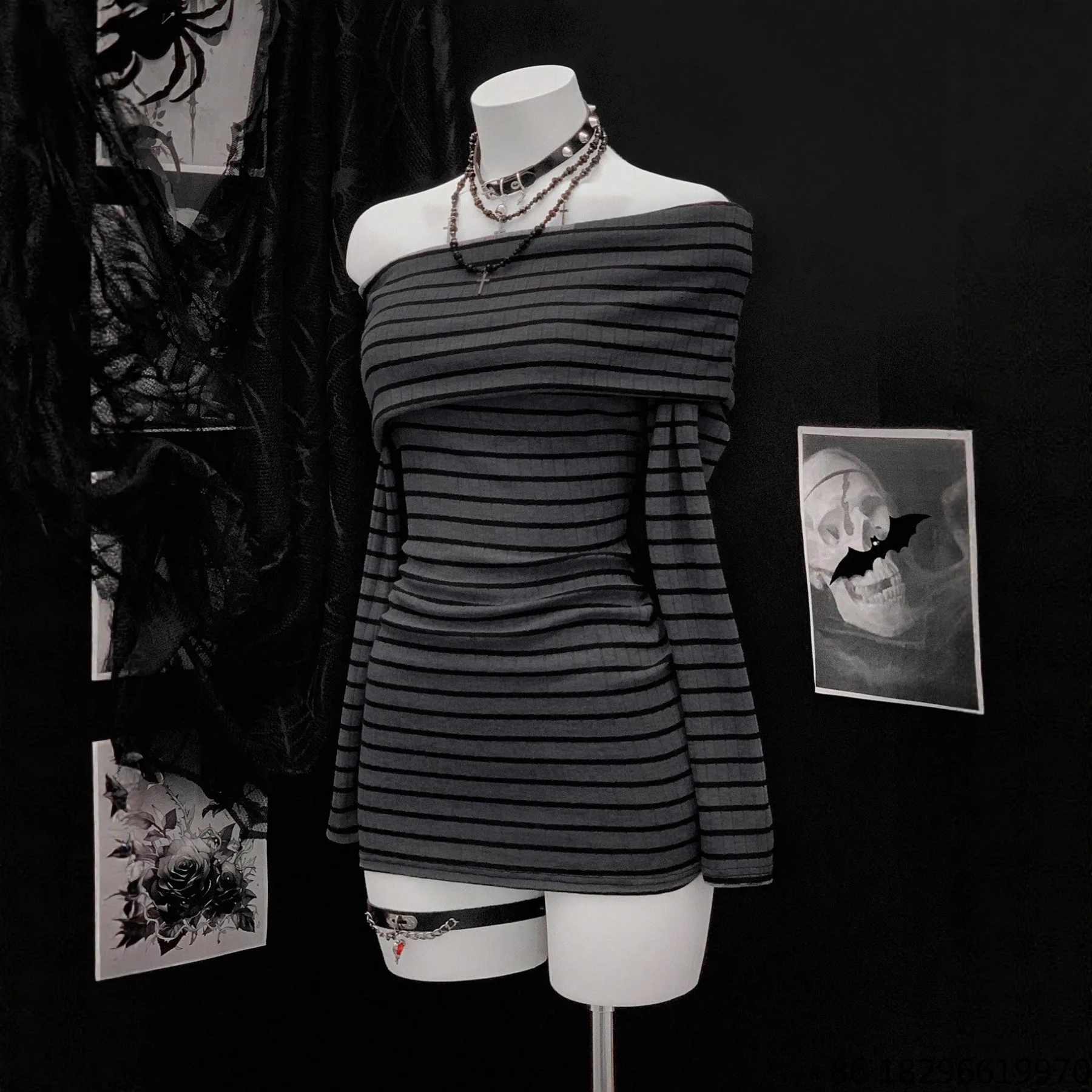 2025 Autumn European American-Style Resort Off-Shoulder Striped Routine Halter Knit Sexy Y2K Short Skirt