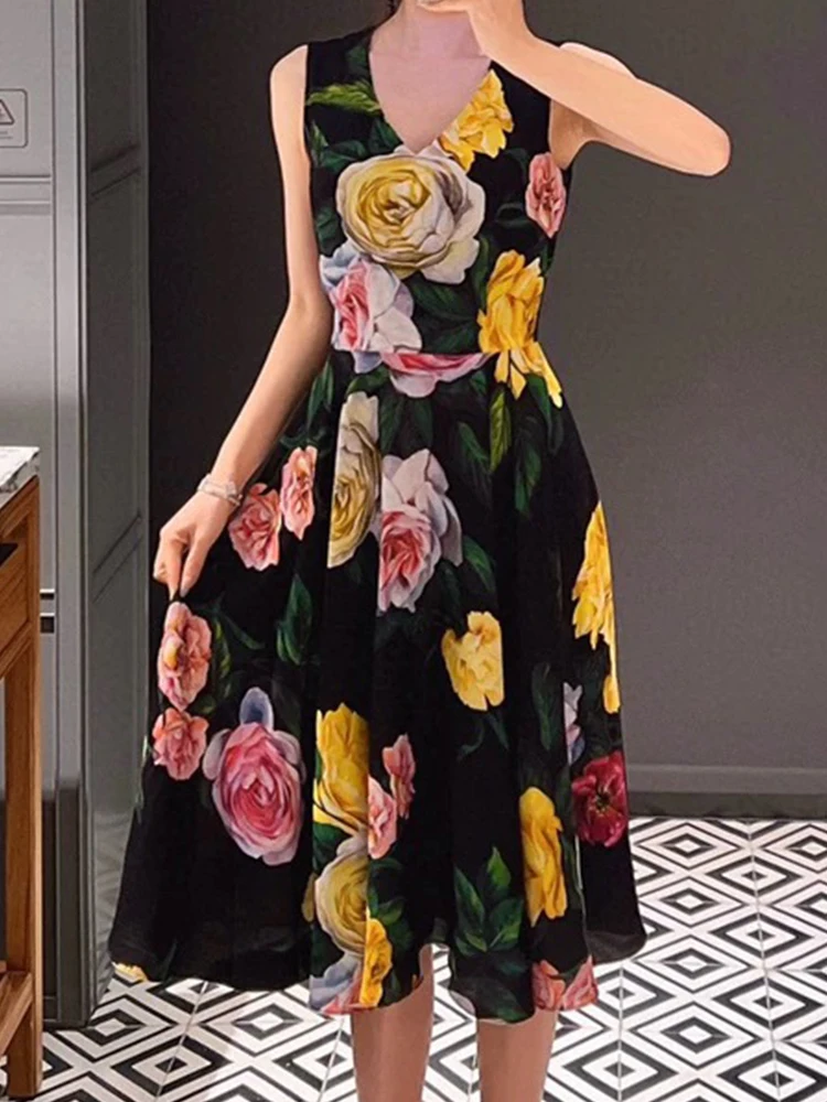 

2025 Summer Women's New V-neck Sleeveless Printed Dress Fashion High Waist Dress Temperament Swing Long A-line Dress