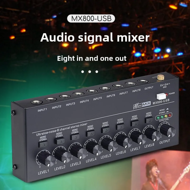 8 Channel Ultra Low Noise Stereo Line Mixer Mini Professional Sound Mixer Power Supply USB Easy Operation Audios Mixer