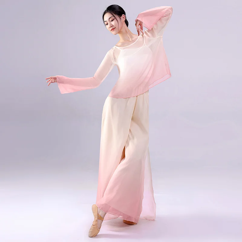 Roupa curta para dança clássica, roupa de seda feminina, cor gradual, top fada, charme corporal, arte chinesa