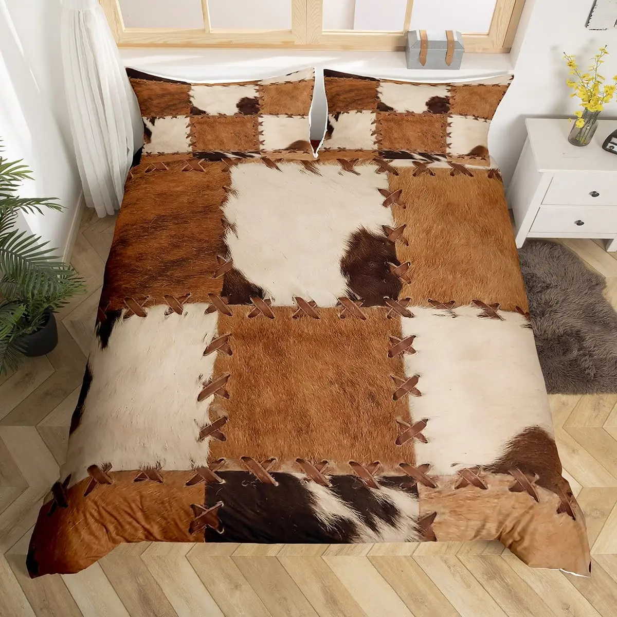 

Cowhide Duvet Cover Set King Size Patchwork Cow Fur Print Farm Animal Bedding Set Western Farmhouse Style Quilt Cover