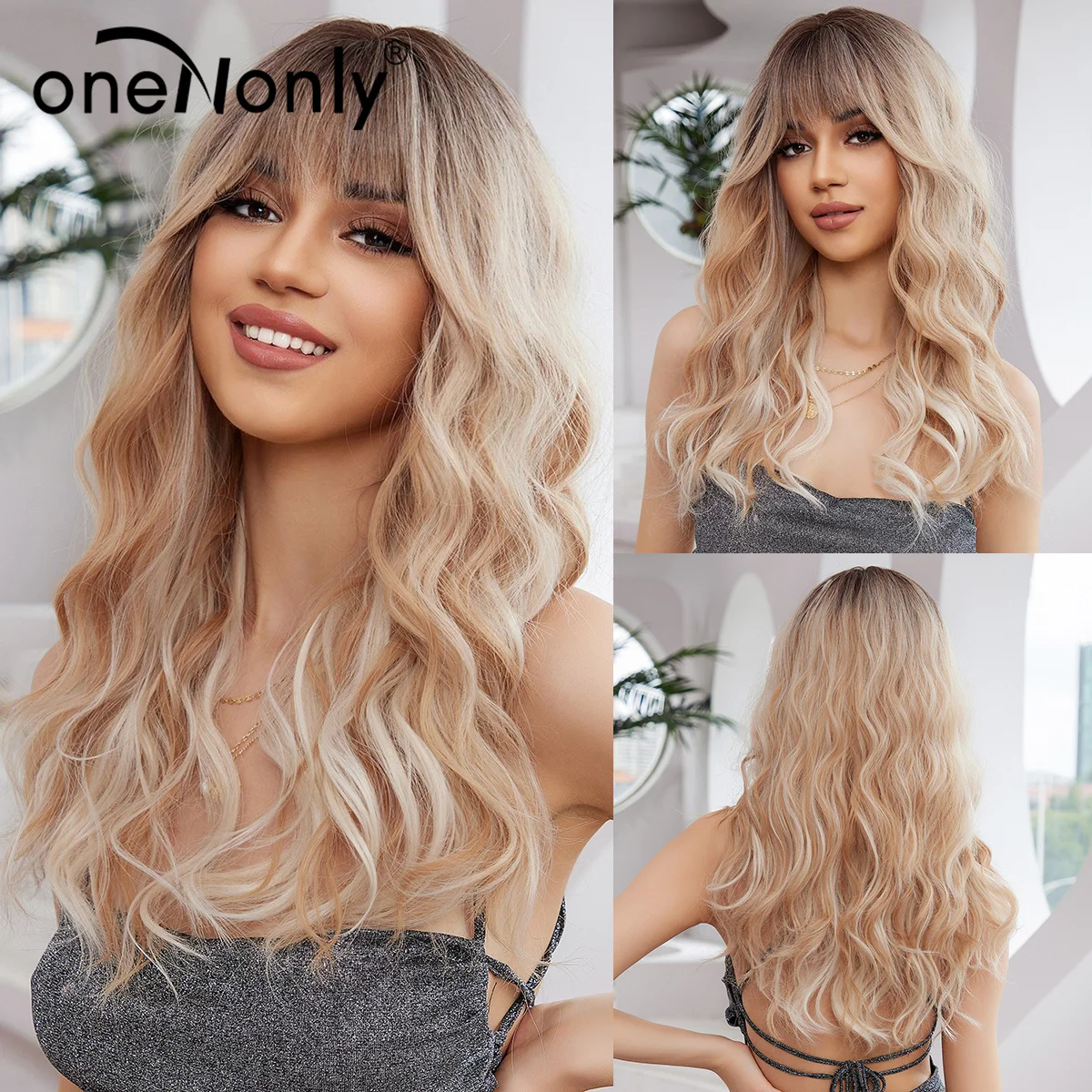 

OneNonly Long Ombre Blonde Wigs with Bangs Wavy Synthetic Wigs for Women Daily Cosplay Party Use Heat Resistant Fiber