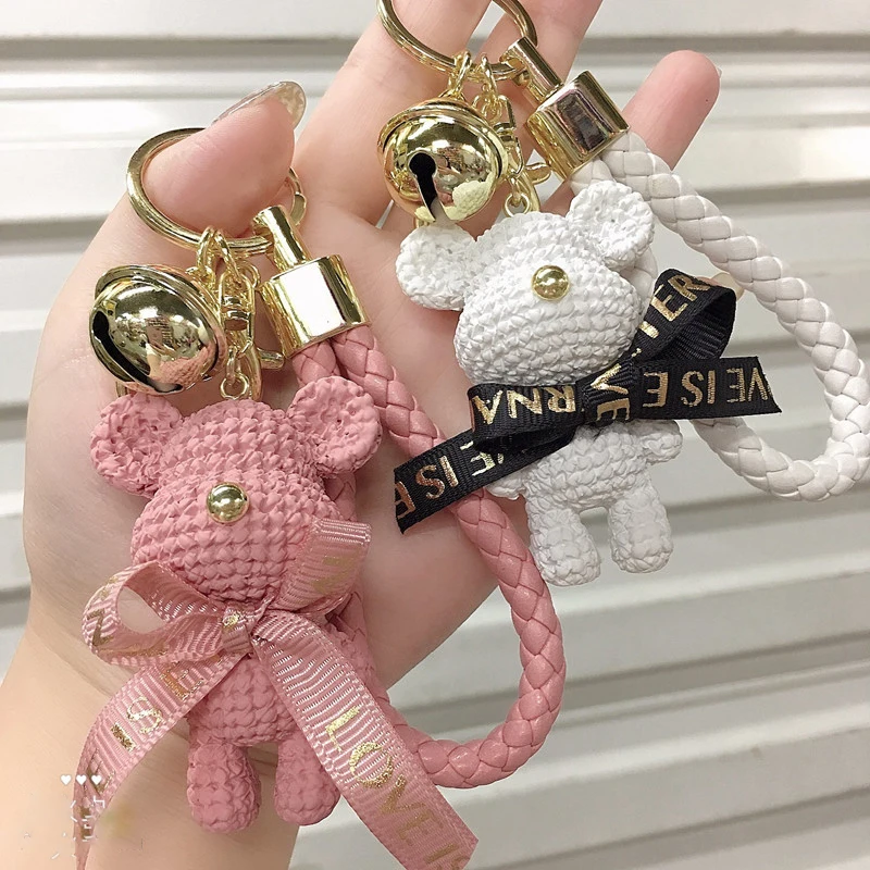 Cute Bear Key Chain Resin Bow Bell Rabbit Keychain Weaving Fashion Doll Bag Pendant Holiday Car Animal  Key Ring For Girls Gifts