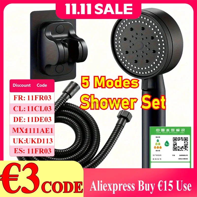 Pommeau de douche à main haute pression avec support et tuyau – 5 Modes de débit d'eau réglables, accessoire de salle de bain rond en plastique