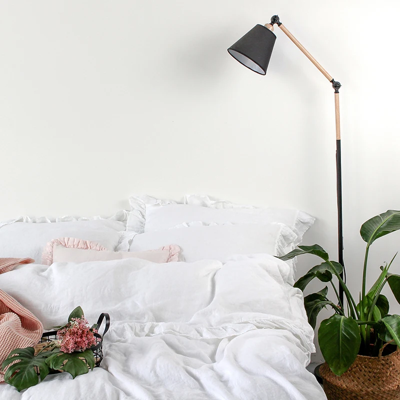 (1 Ruffle Duvet Cover 4 Ruffle Pillowcases) 100% Linen White Bedding Set Soft Single Couple Single Couple Twin Size Customizable