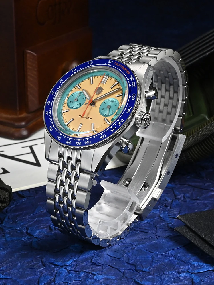 San Martin 39.5mm Men\'s Watches Chronograph Original Design VK64 Quartz Movement Sapphire Fashion Wristwatch 10Bar Lum SN0116G