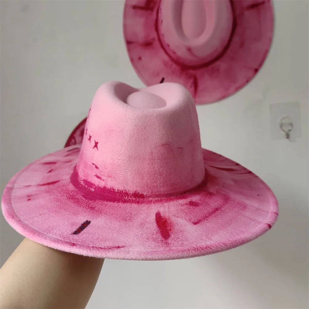 Pink painted hat retro suede fedora hat men and women fedora hat new style party hat outdoor fashion travel hat 2024 DIY hat