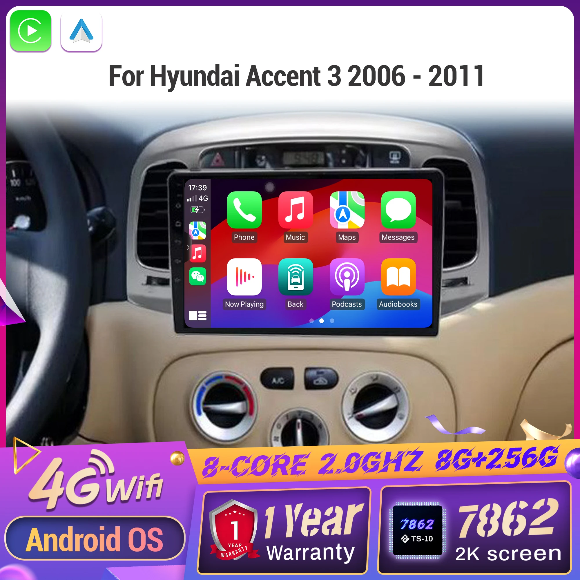 لاسلكي BT CarPlay أندرويد 14 راديو سيارة مشغل وسائط متعددة اللمس 2K شاشة QLED لشركة هيونداي أكسنت 3 2006 - 2011