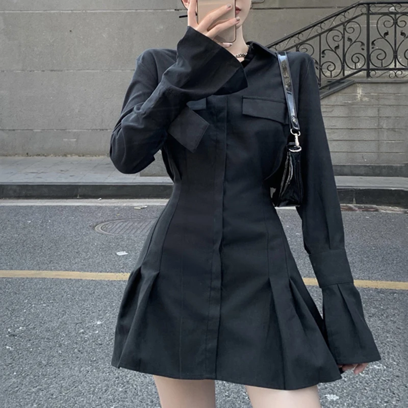 Y2k Black Women Shirts Korean Slim Chic Female Casual Blouse Dress Harajuku Autumn Fashion New Flare Sleeve Ladies Tops