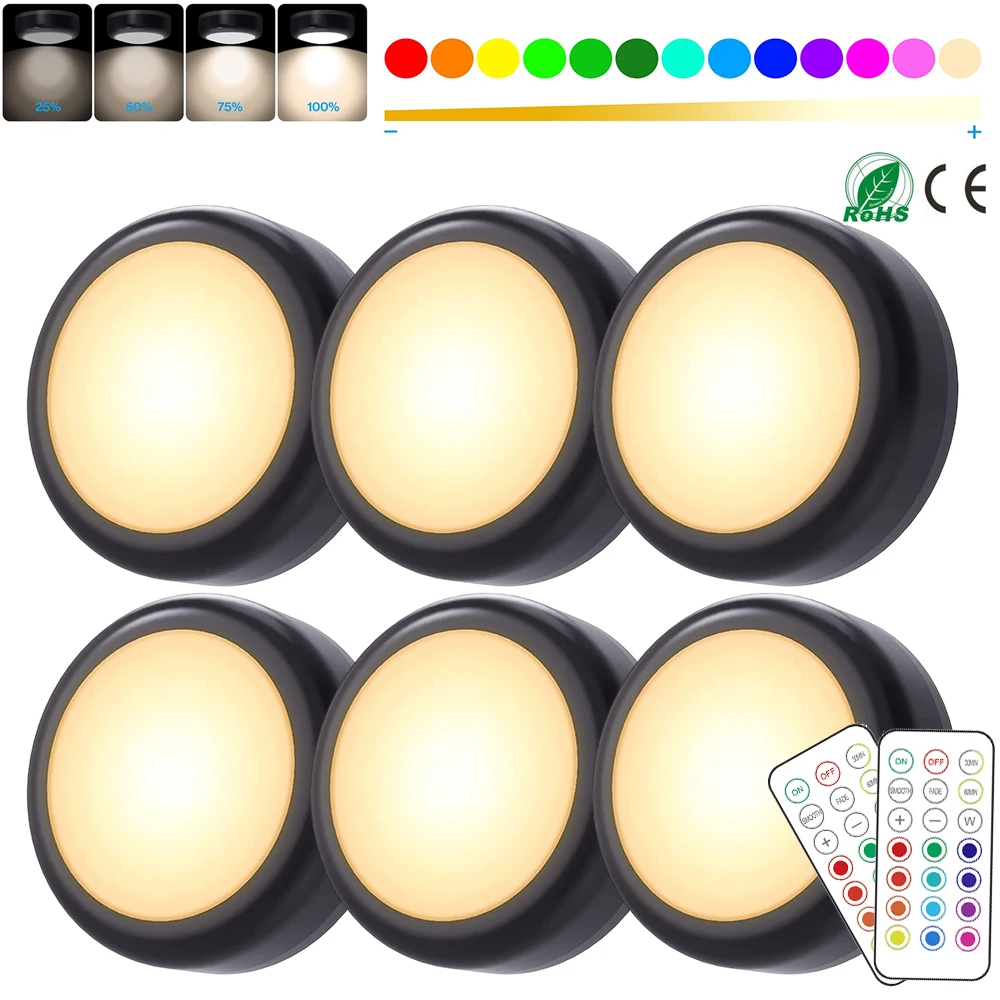 1-6Pcs RGBW LED Puck Night Lights Remote Control Dimmable Under Cabinet Light Battery Operated Wireless Push Lamp Kitchen Closet