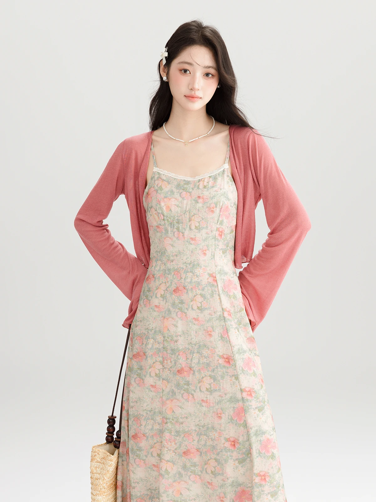 

Mening New Summer Floral Print Knitted Wrap Dr Women's Slimming Two-Piece Set V-Ne Long Sve Cotton Blend Casual Wear