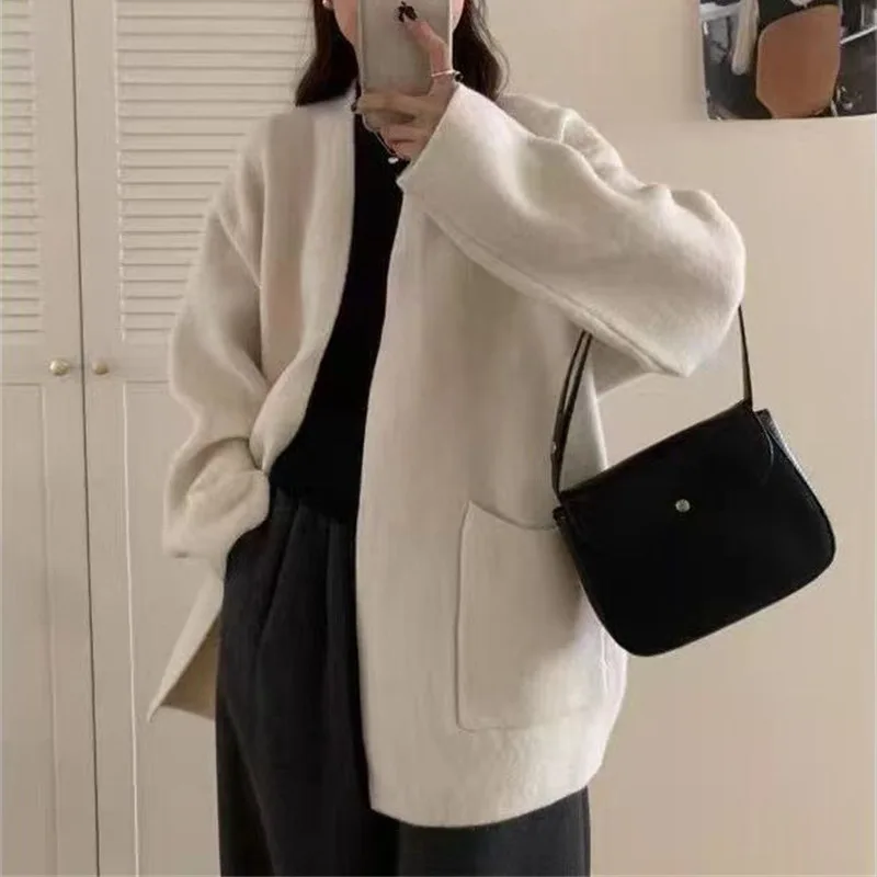 

Women Knitted Cardigan Sweaters Solid Jumpers Pockets Long Sleeves V Neck Thick Loose Fit Casual Office Lady 2025 Autumn Winter