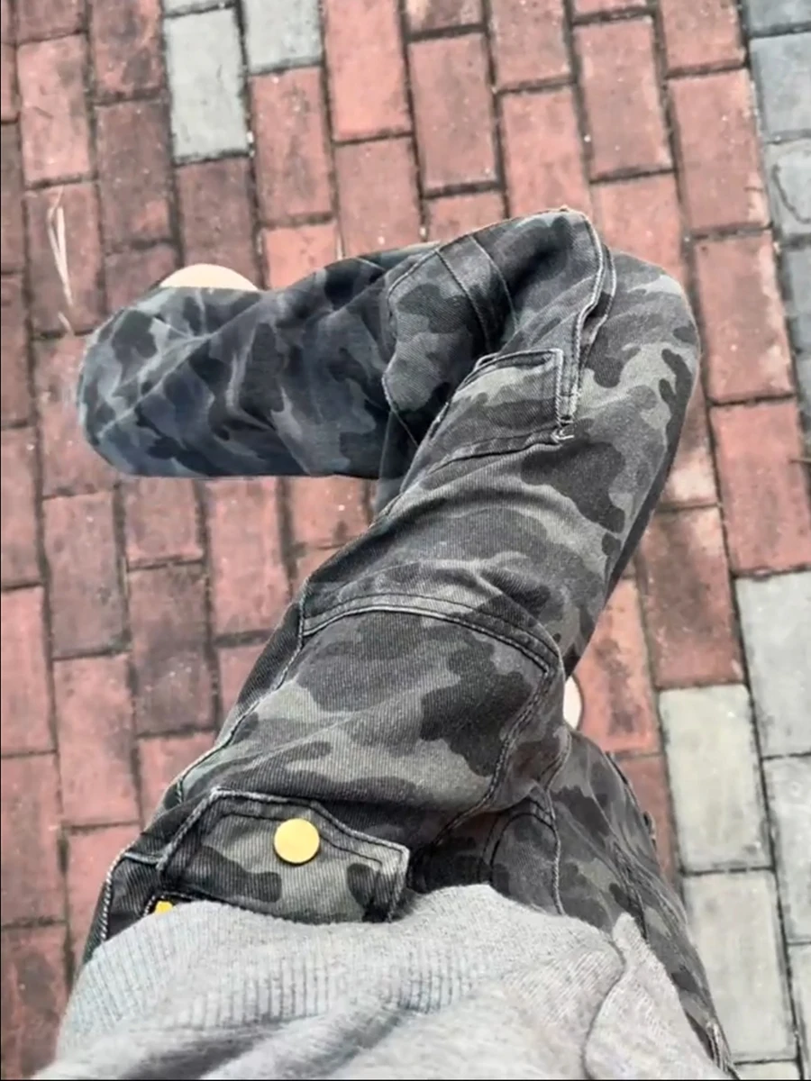 

Мужские камуфляжные рабочие брюки из денима черно-серого цвета с множеством карманов, осенне-зимние, с высокой талией, расклешенные, прямые джинсы, молодежные, модные