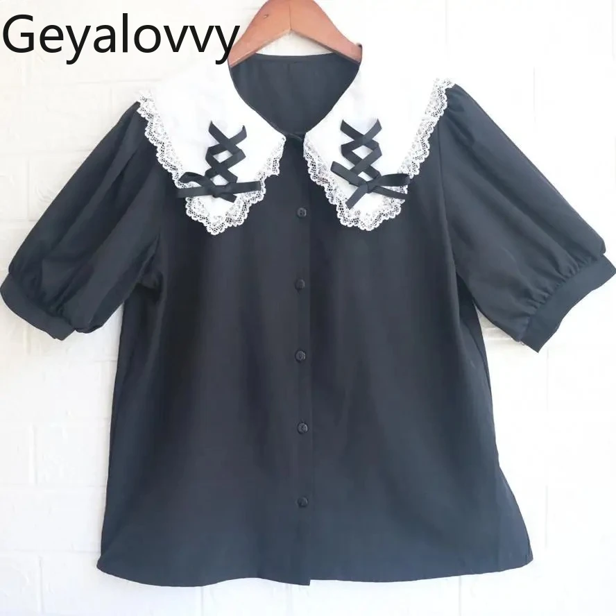 

Sweet and Cute Girl Versatile Splicing Bow Strap Contrasting Shirt New Niche Design Blouse Short-sleeved Versatile Tops