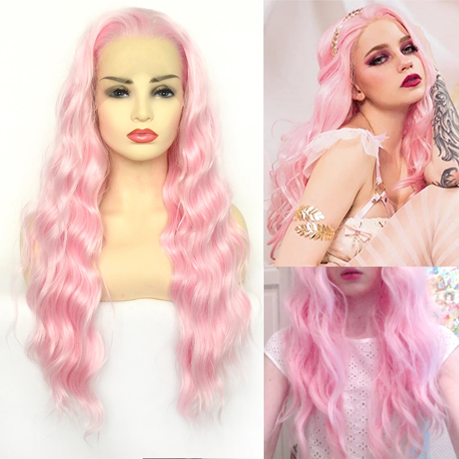 Voguebeauty Pink Synthetic Lace Front Curly Wig Natural Hairline Dark Brown wigs Cosplay Daily Wear for Women