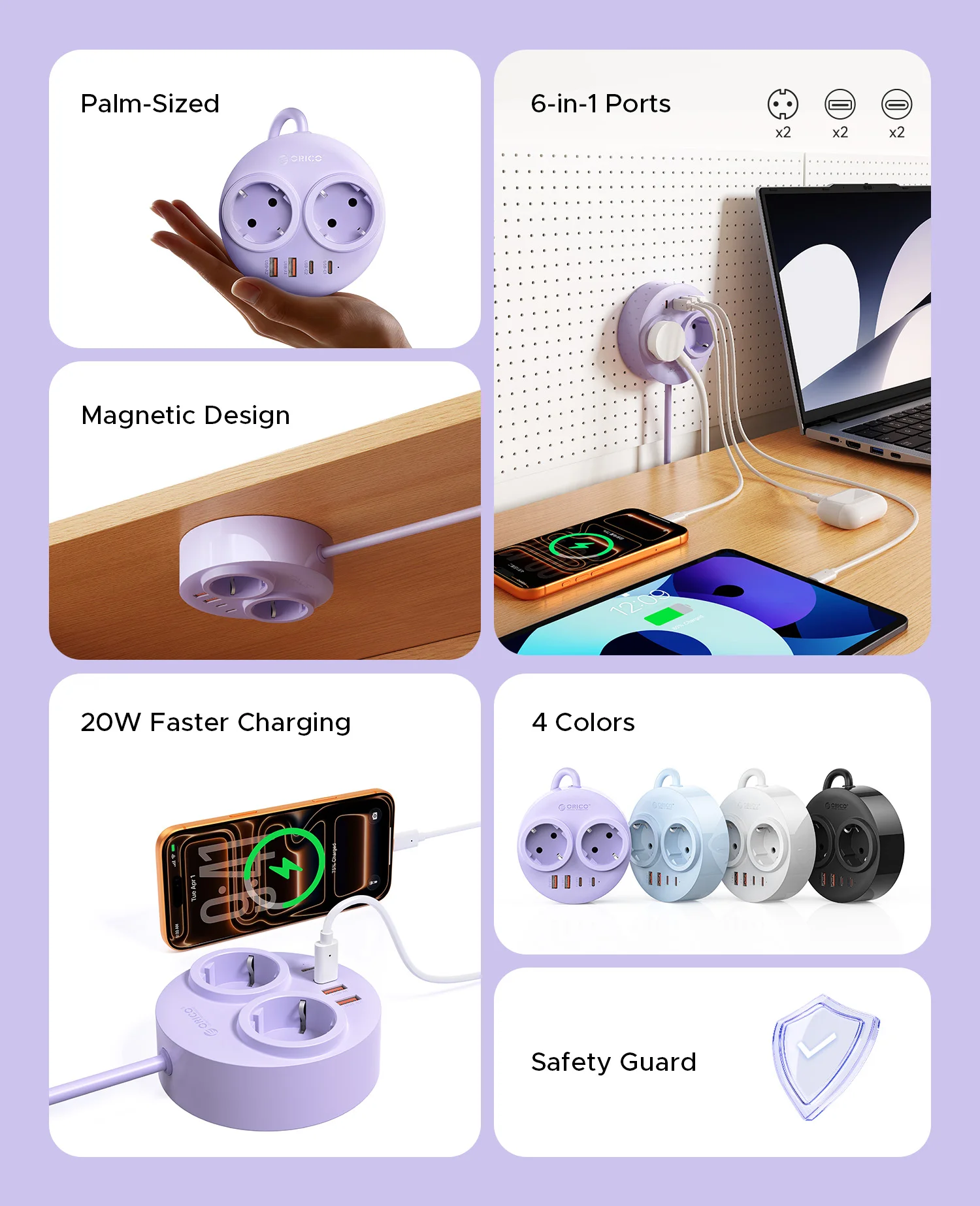 ORICO Magnetic EU Power Strip PD 20W Fast Charging Station 2AC Type C USB A Port 1.6M Electric Extension Cord for Home Office