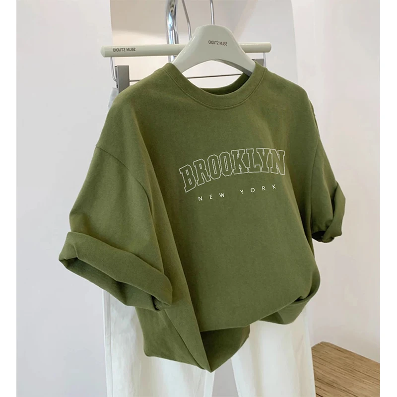 ฤดูร้อนรูปแบบตัวอักษร Lady's เสื้อยืดขนาดใหญ่รอบคอทั้งหมดตรงกับสีทึบหลวมสบายๆแขนสั้น