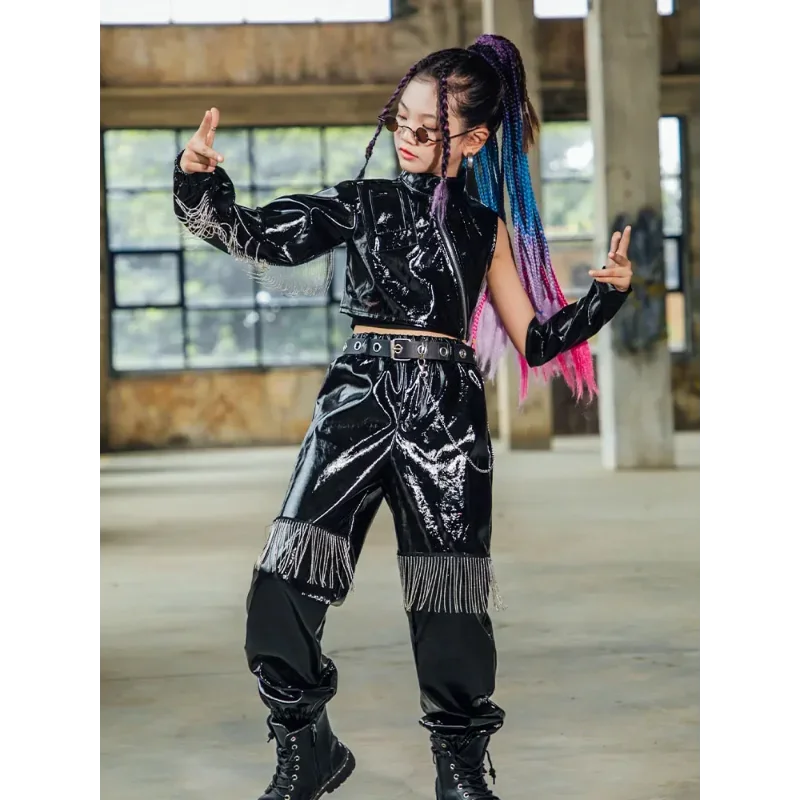 

Высококлассная черная одежда для джазовых танцев в стиле хип-хоп, детская одежда для городских танцев, детская одежда для подиума