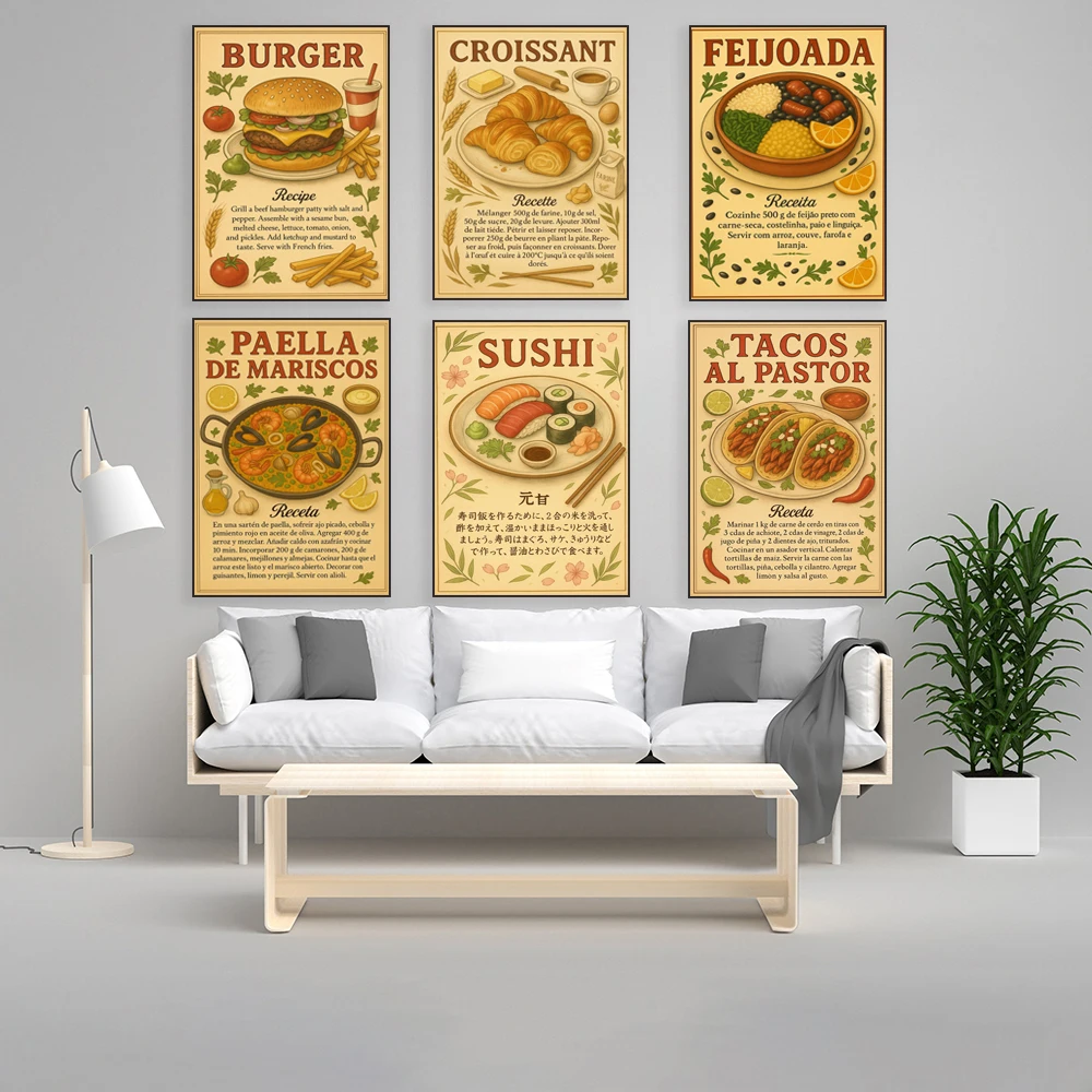 Japanese sushi, pizza, burger, croissant, dumpling, paella, Brazilian food poster, Asian cuisine, rustic recipe illustration