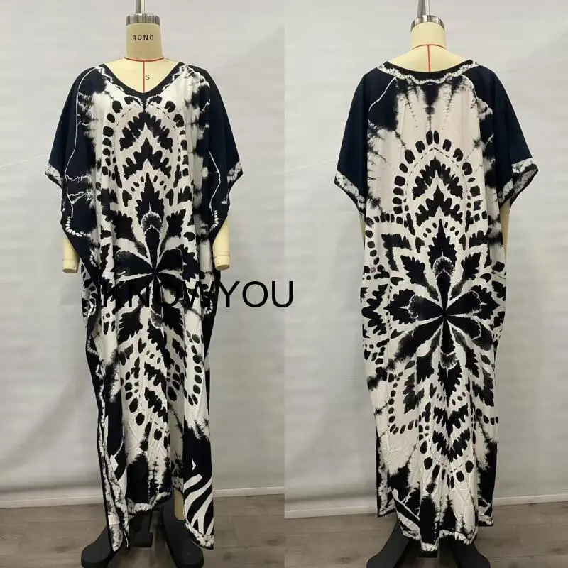 

Viscose Beach Cover-Up Print Robe Loose Plus-Size Kaftan Swimwear for Women Sun Protection Clothing Bikini Cover Up Dresses