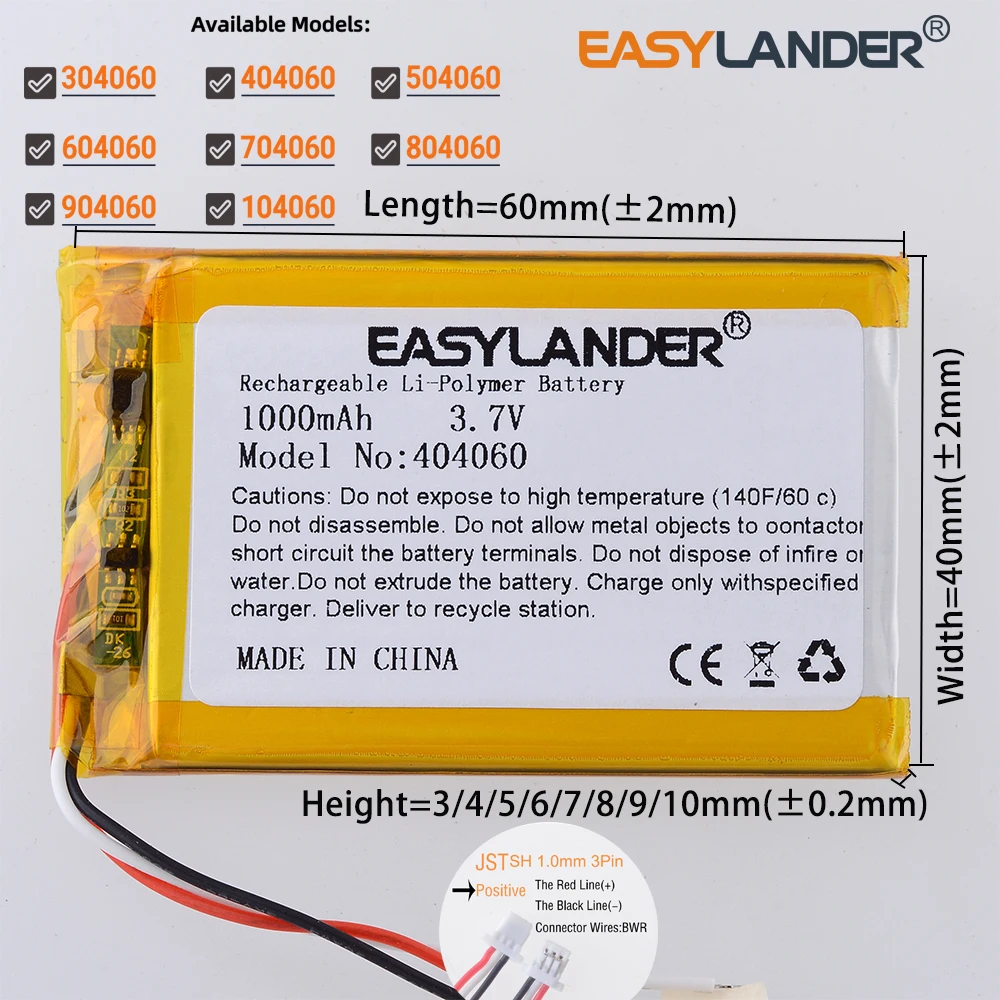 SH1.0mm 3Pin 3.7V 1000mAh 404060 Lithium Li-ion Lipo Polymer Battery 304060 704060 504060 604060 104060 804060 904060
