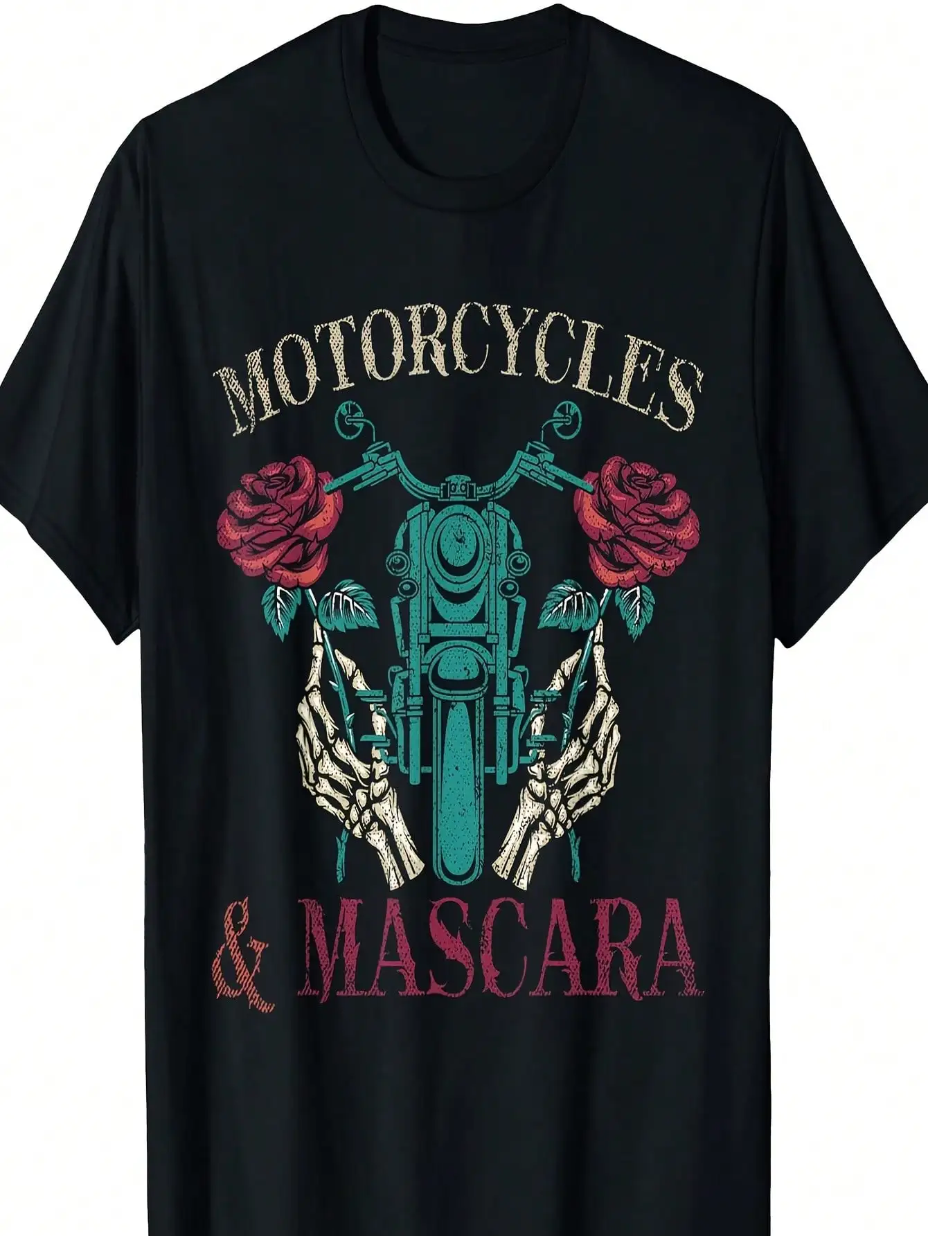 تي شيرت نسائي من القطن الأسود لراكبي الدراجات النارية - أكمام قصيرة، رقبة دائرية، تصميم جرافيك للدراجات النارية والورود، مثالي للارتداء الكاجوال