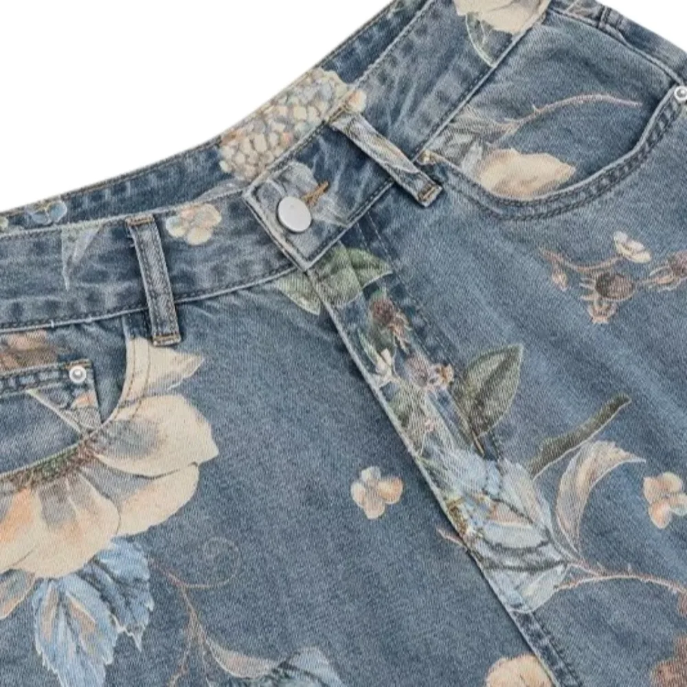 Grunge Floral Jeans Women Y2K Ripped Baggy Broken Hollow Pants High Waist Streetwear Flower Cowboy Pants Unisex