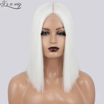 אני של פאה קצר ישר לבן פאות סינטטי פאות לנשים 60 613 בלונד שחור חום אדום ורוד סגול אמצע חלק קוספליי שערות