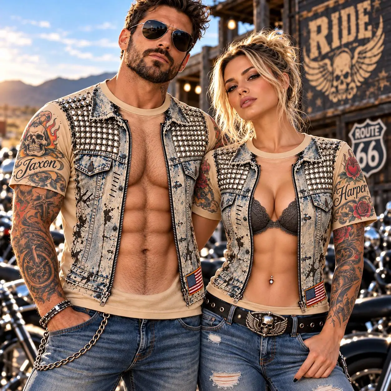Motorcycle Couple Costume T Shirt Personalized 3D Biker Graphic Funny Christmas Matching Tee Holiday Gift For Men Women Top