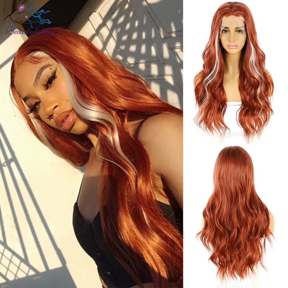 Ginger Colored 13X3 Synthetic Lace Front Wig Ginger Orange Transparent Lace Body Wave Wigs Balayage Style Heat Resistant Cosplay