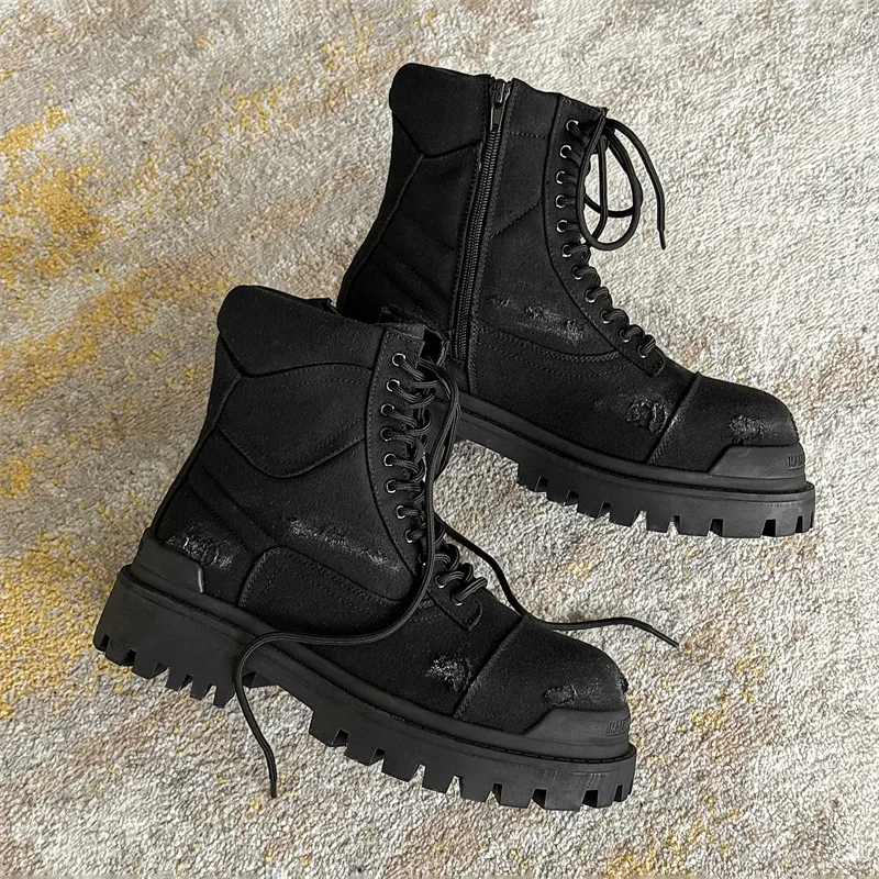 Herbst-Winter-High-Top-Motorradstiefel für Herren, Schnür-Do-the-old, kurze Stiefeletten mit dickem Boden und Reißverschluss, schwarze Herrenstiefel