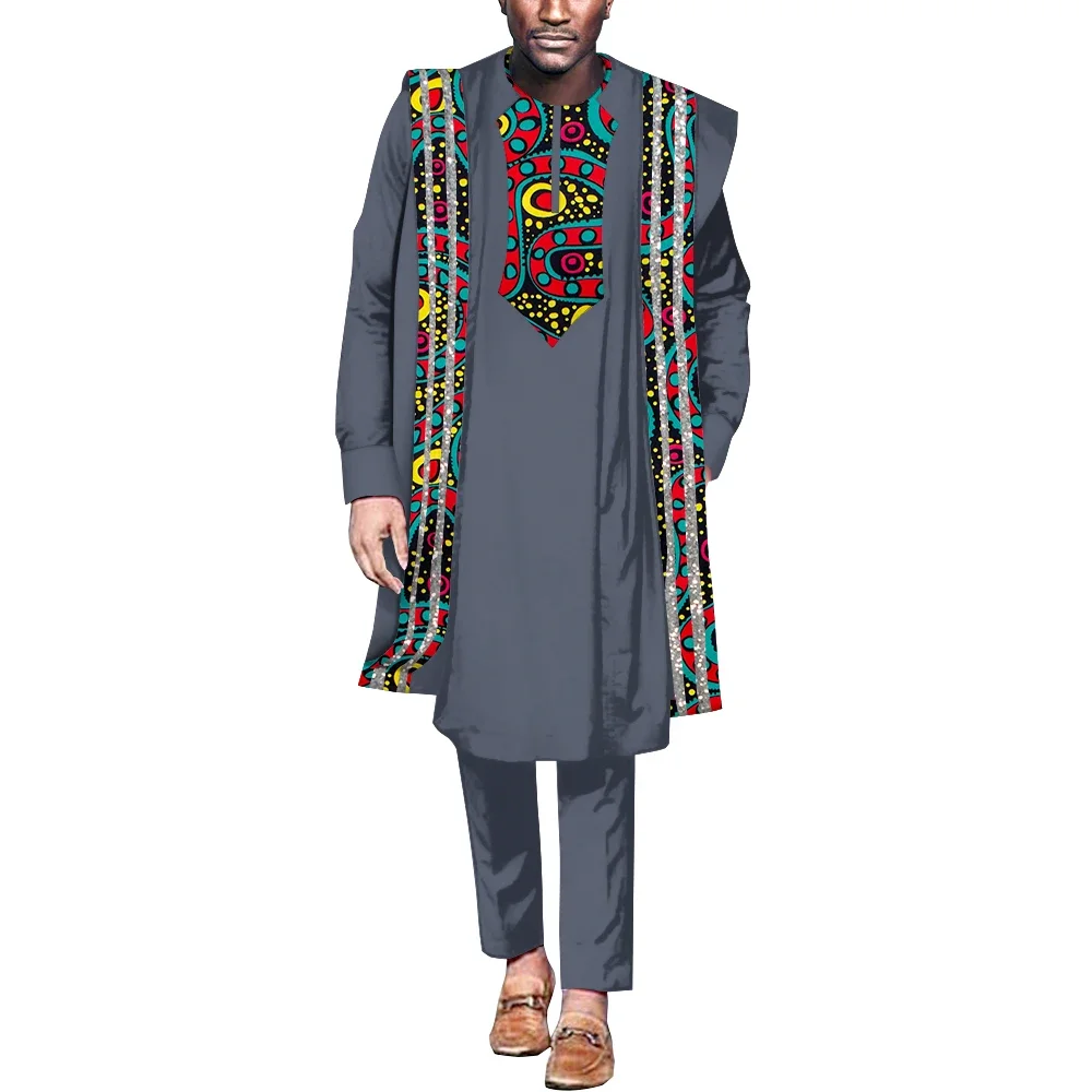 African Clothes for Men Dashiki Agbada Robe Suits 3 Pcs Set Loose Coat Shirt and Pant Patchwork Men African Style Outfit WYN1848